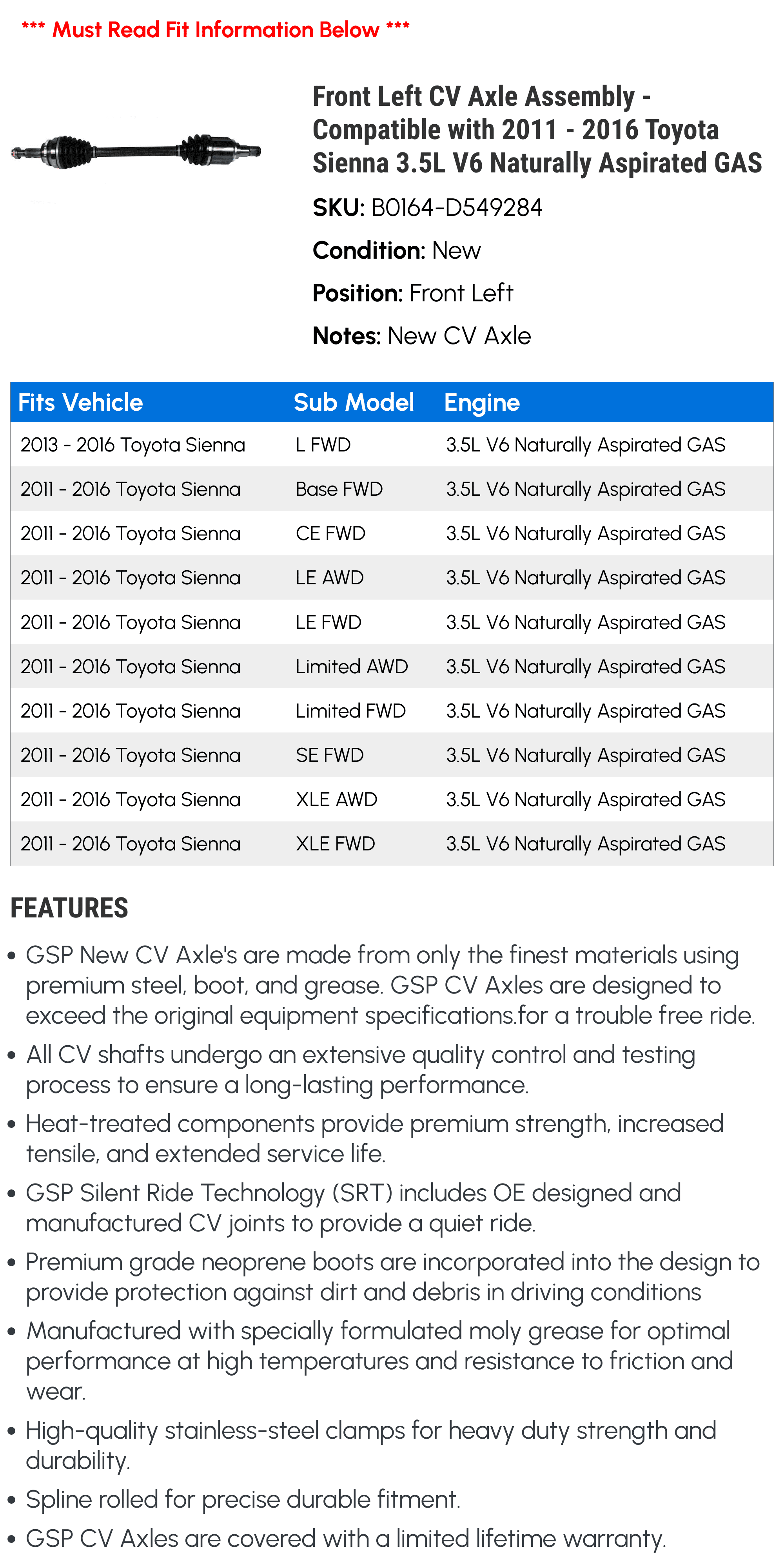 2015 CV 2011 Left Sienna - 2012 2013 3.5L Axle Front V6 Toyota Compatible 2014 - GAS Naturally 2016 Aspirated Assembly with