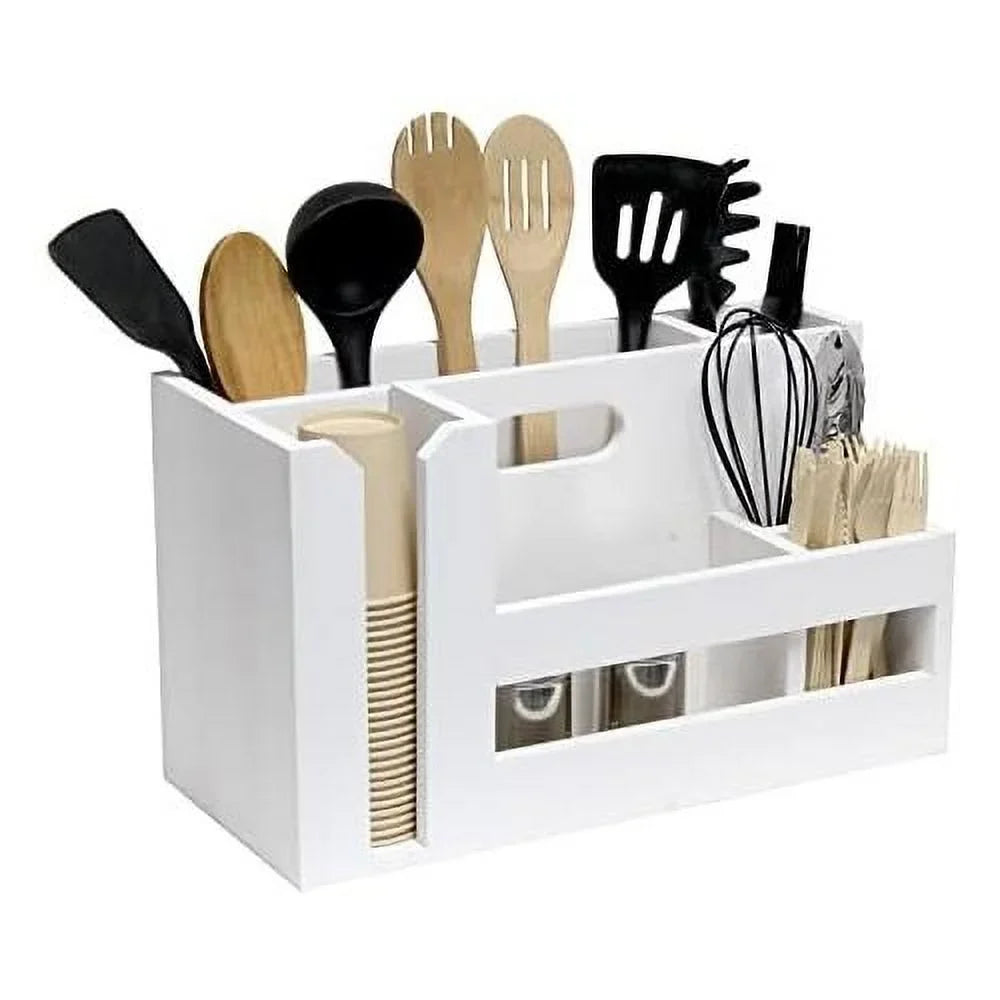 Condiment Flatware Compartments Picnic, Wooden Décor W Wht Farmhouse Handle Pantry Countertop Events Caddy Organizer Kitchen Utensils Breakfast & & Picks Wash BBQ For Cutout