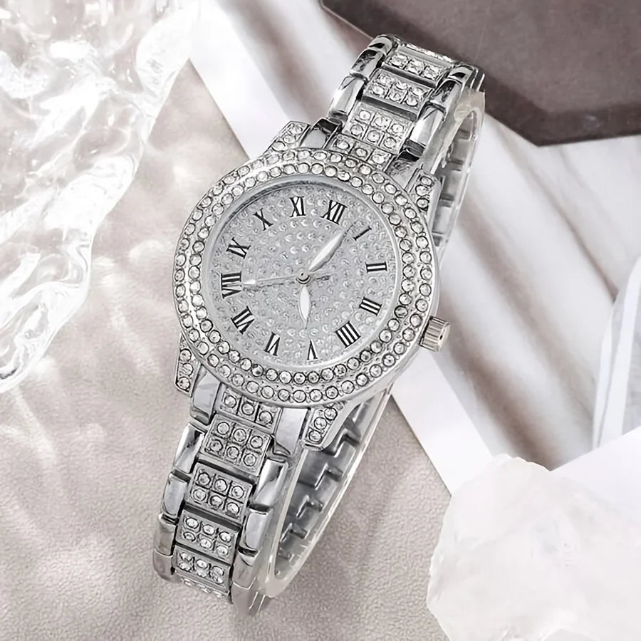 Hiphop Quartz Rhinestone Watch Jewelry Her Wrist 6pcs Fashion Watch Gift Luxury For & Set, Women Analog