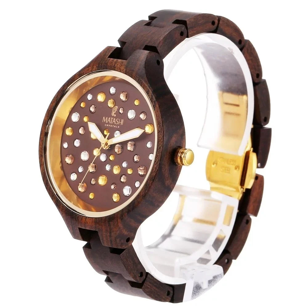 Crystals, Ronda Salwood Movement, with MTJW13040 Watch Swiss Resistant 1ATM Brown Bezel, Water Casual, Gold Business Womens