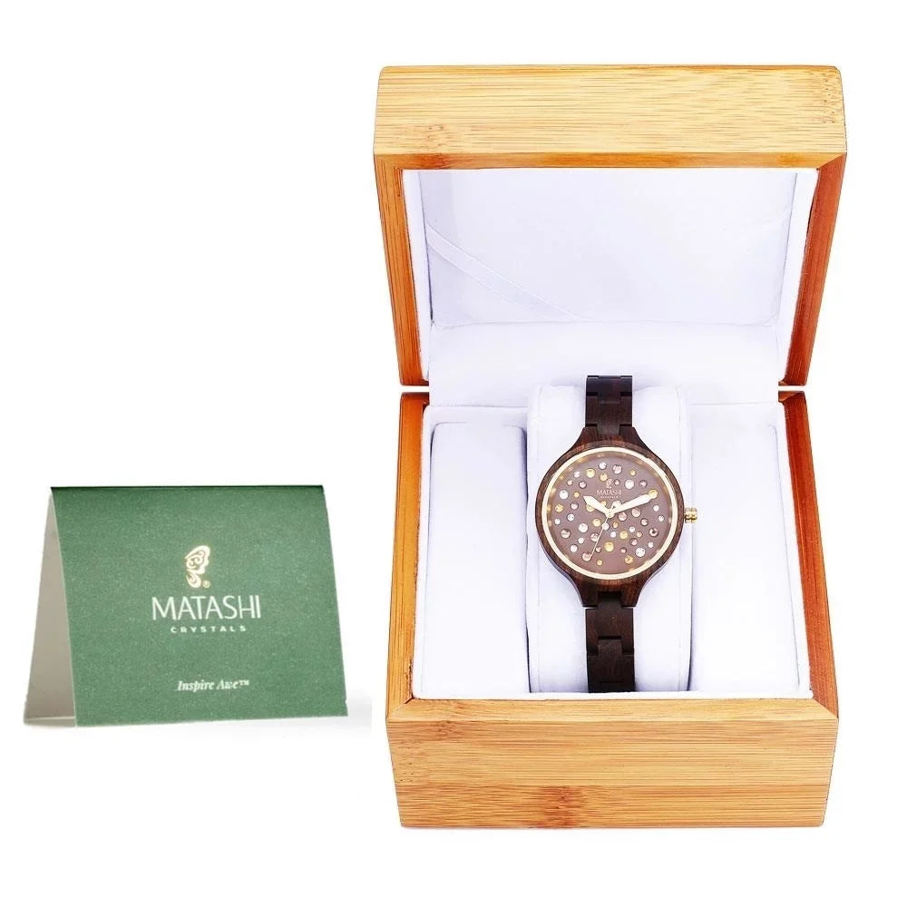 Crystals, Ronda Salwood Movement, with MTJW13040 Watch Swiss Resistant 1ATM Brown Bezel, Water Casual, Gold Business Womens