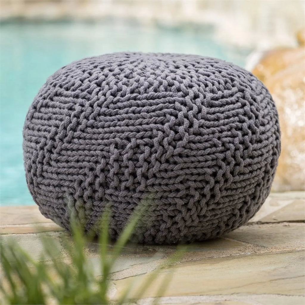Noble Gray Fabric Outdoor in Pouf Aria Weave House Modern Handcrafted Dark
