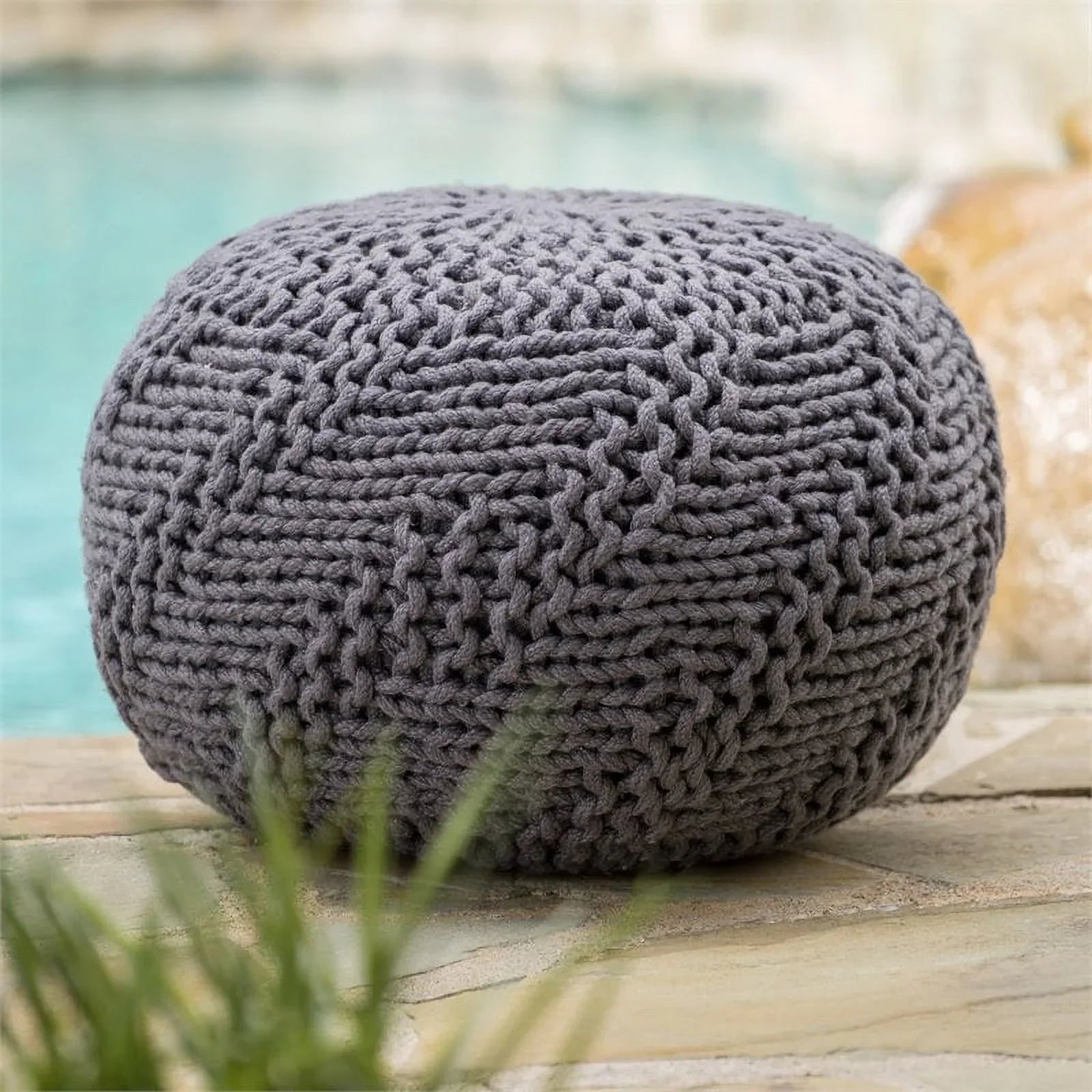 Noble Gray Fabric Outdoor in Pouf Aria Weave House Modern Handcrafted Dark