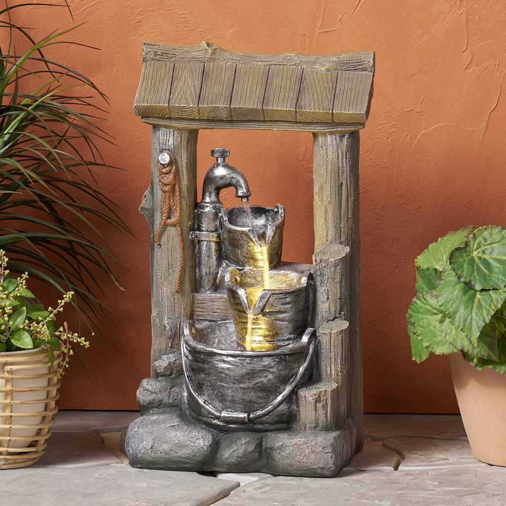 Outdoor and Berrien House 3-Tier Bucket Gray Noble Brown Fountain,