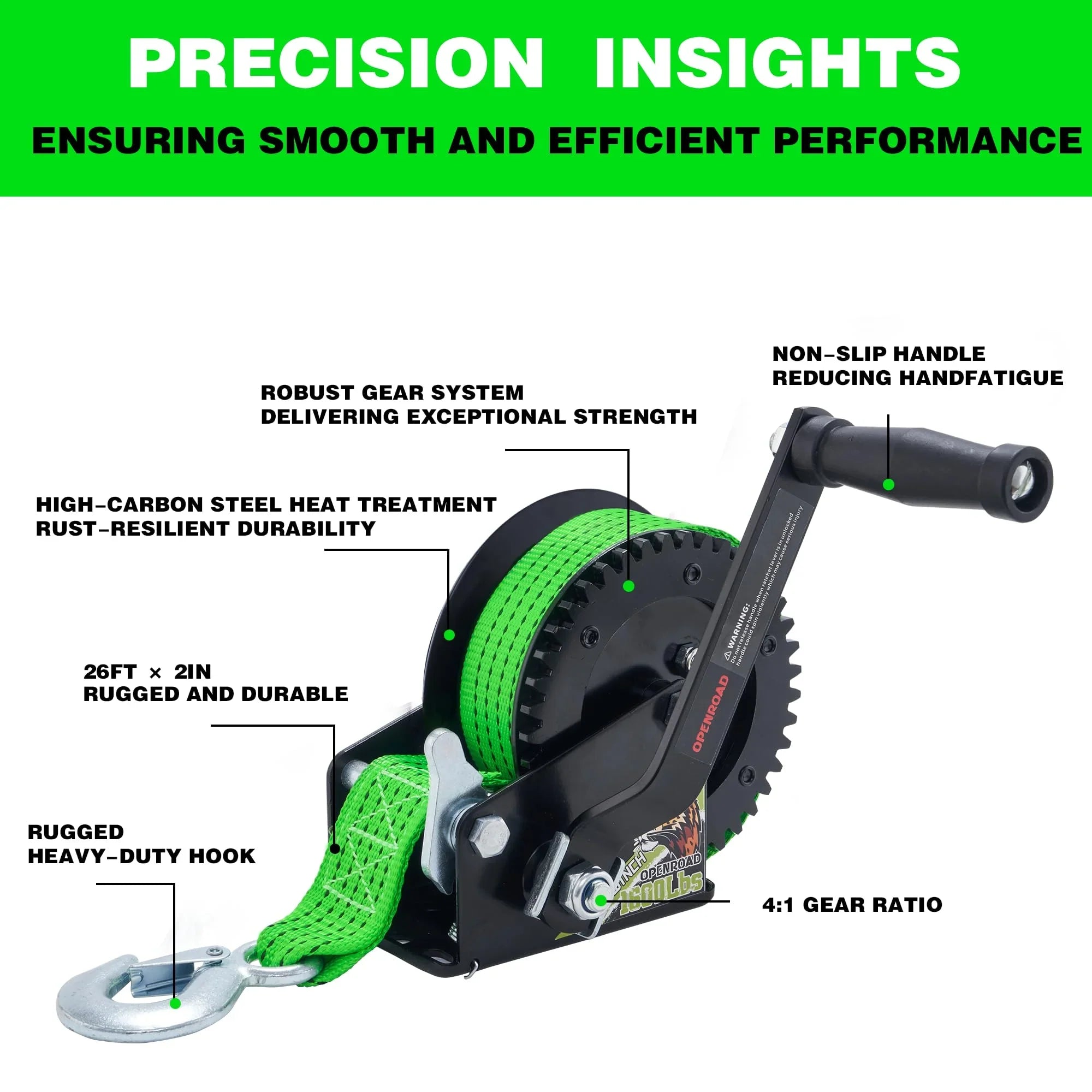 OPENROAD Duty Includes 4:1 Strap, Boat, Ratchet Truck, Trailer, Gear Hand Ski Screws with for Trailer 2-Way 26FT 1600LB Winch Jet Installation RV, Boat Ideal Winch - - - ATV & Green and Heavy