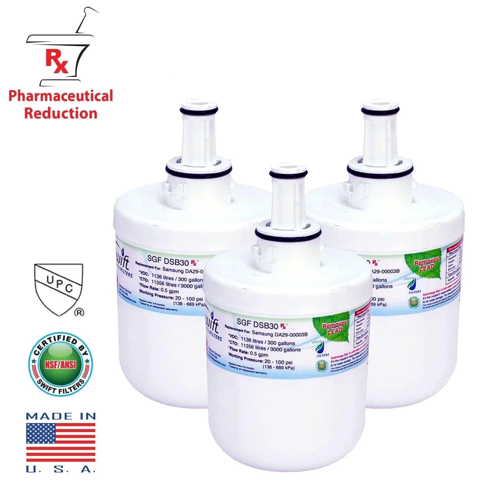 Filters Pharmaceutical Rx 3) Green for Water SGF-DSB30 Replacement Refrigerators Swift Filters(Pack of Samsung DA2900003G