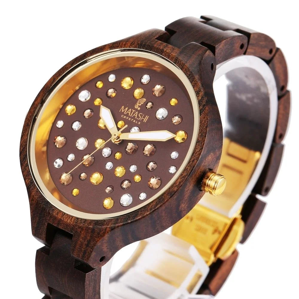 Crystals, Ronda Salwood Movement, with MTJW13040 Watch Swiss Resistant 1ATM Brown Bezel, Water Casual, Gold Business Womens