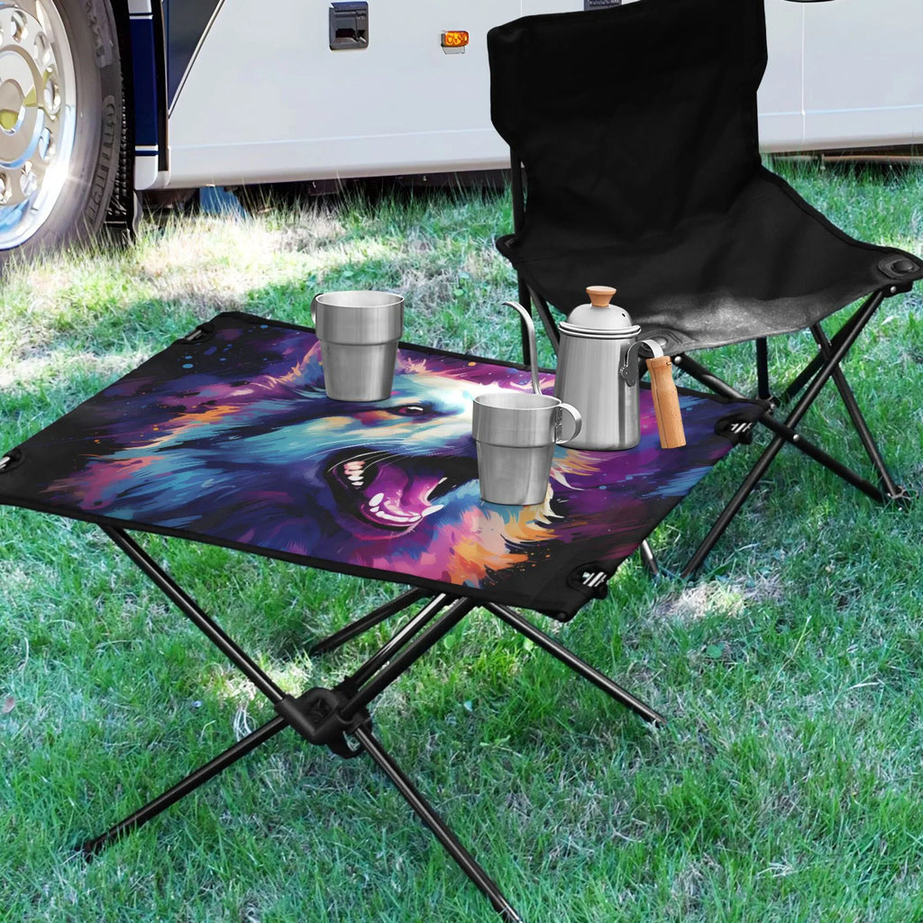 Table Fishing Foldable Beach Table Camping with BBQ Picnic Abstract for Cool Bag Outdoor Table Compact Wolf Hiking Storage mobile