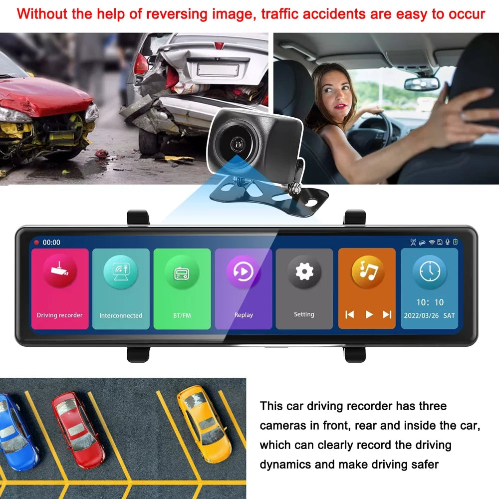 Screen Enhanced Pinnaco Recorder Touched Driving 3 2.5K Rearview Recorder Cam Mirror Dash Car Safety Auto BT Cameras Camera for Car Video Recording Camcorder Car Clear