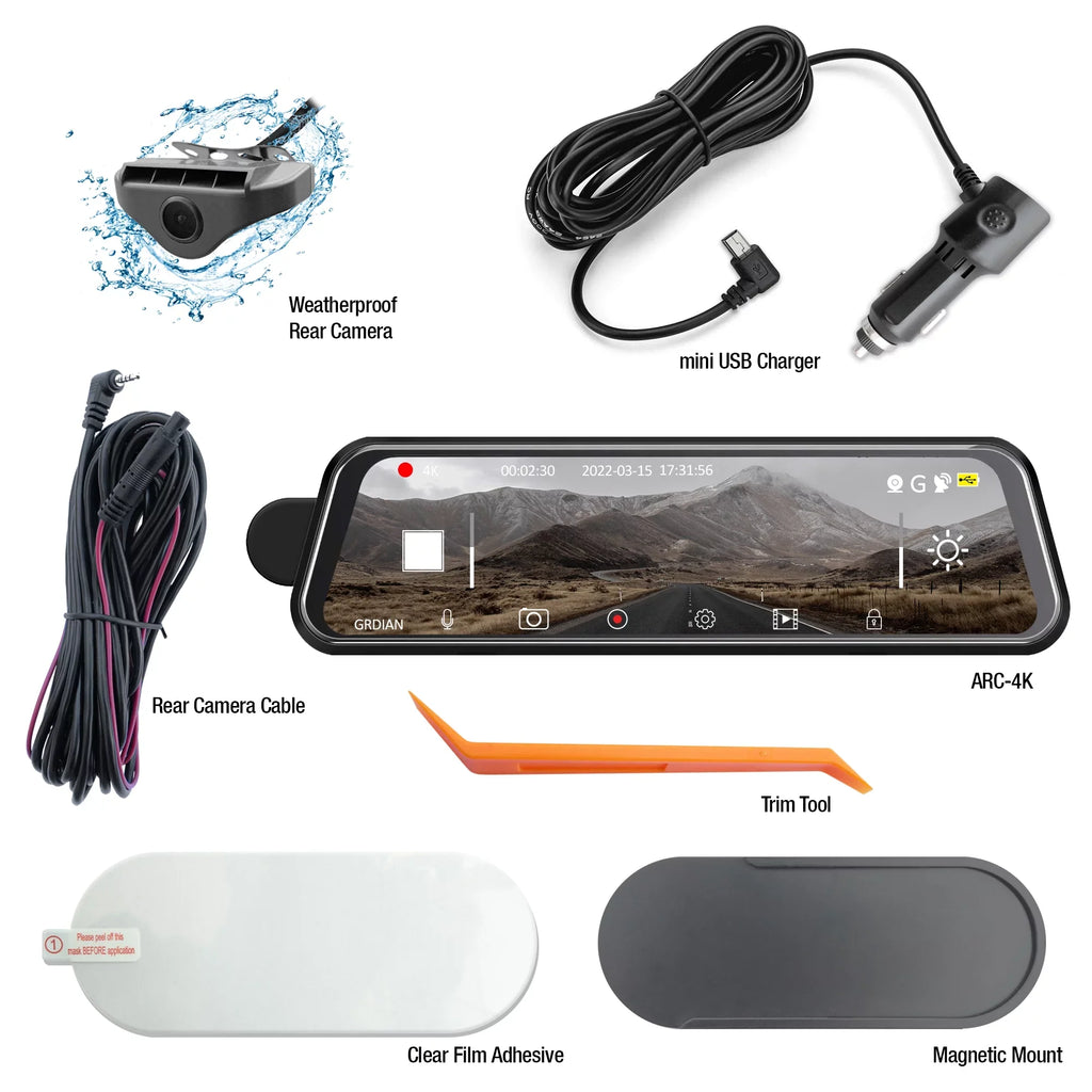 Rear-View Rear, Mount Dual-Channel Seamless Parking Front Design 10" Mode, GRDIAN Mirror Touchscreen, Arc4K Magnetic and Camera,