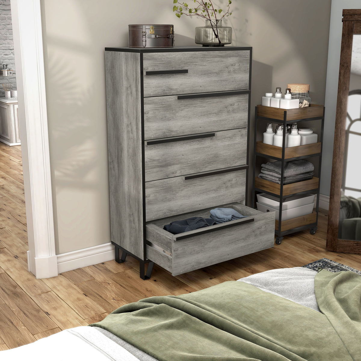 BASIC Grey by 5-Drawer Modern Vintage Chest Oak Denhour DH