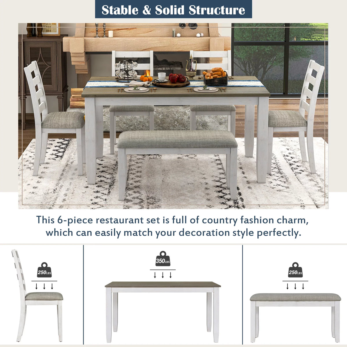 Set Table CoSoTower 4 Chairs A With Room 6-Piece Brown Whitewash Upholstered + & Bench, Dining Rustic Style