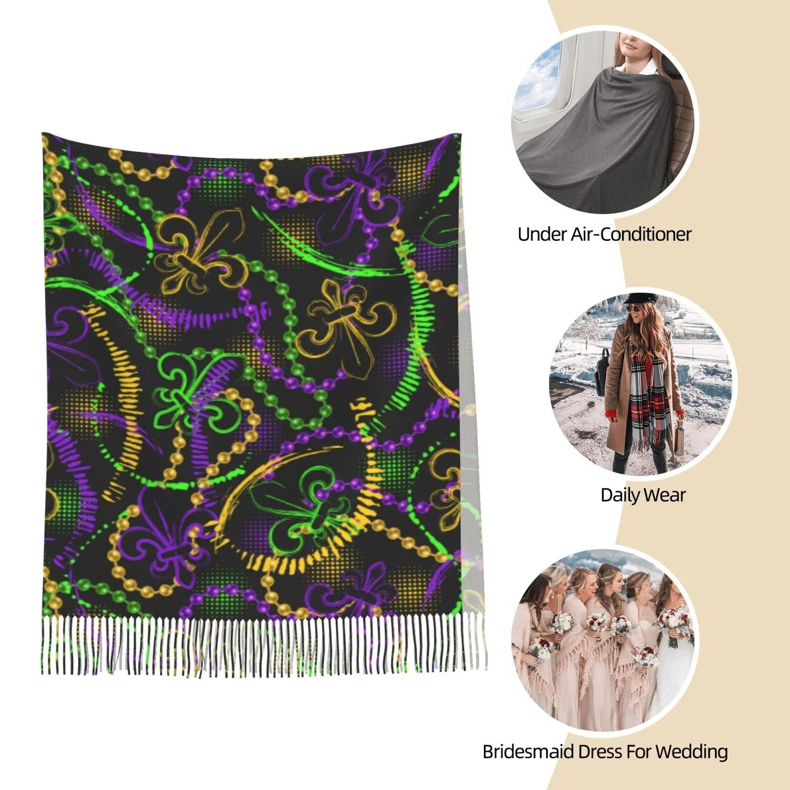 Bingfone Feel Gras Art Elegant Mardi Print Large Cashmere For Warm Women Scarves Wrap Winter Neon Gifts- Scarf Soft Shawl