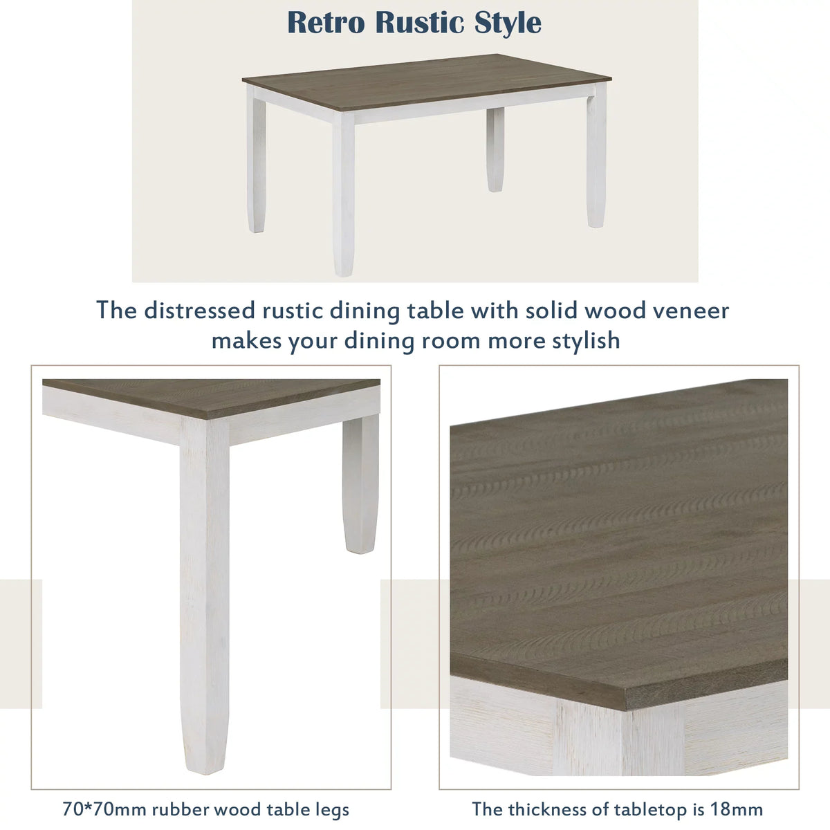 Set Table CoSoTower 4 Chairs A With Room 6-Piece Brown Whitewash Upholstered + & Bench, Dining Rustic Style