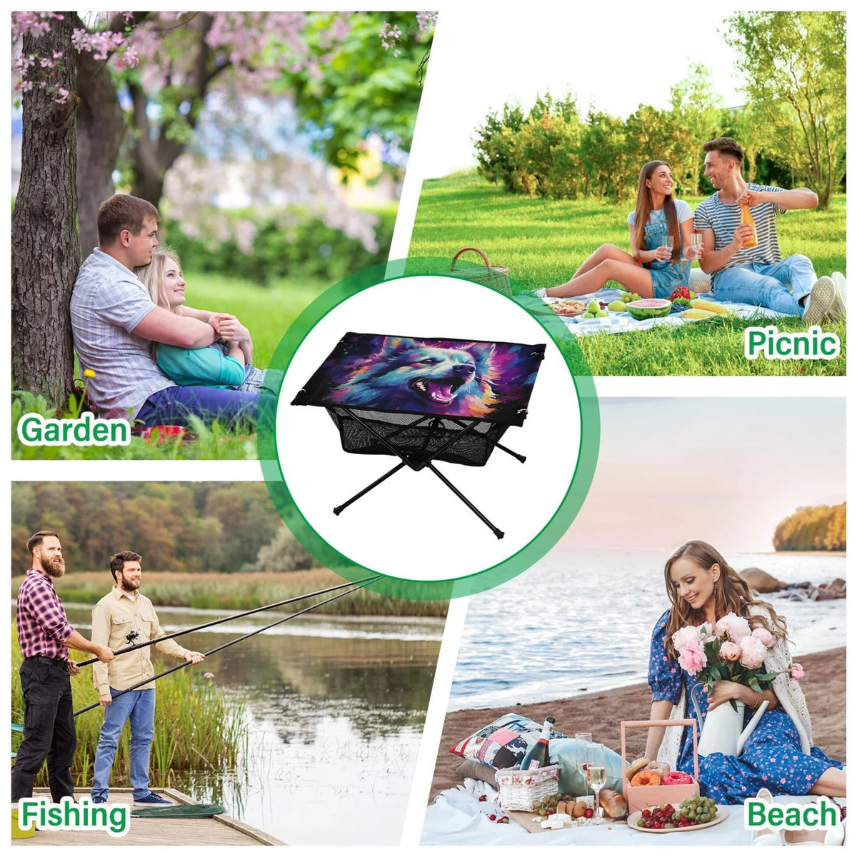 Table Fishing Foldable Beach Table Camping with BBQ Picnic Abstract for Cool Bag Outdoor Table Compact Wolf Hiking Storage mobile