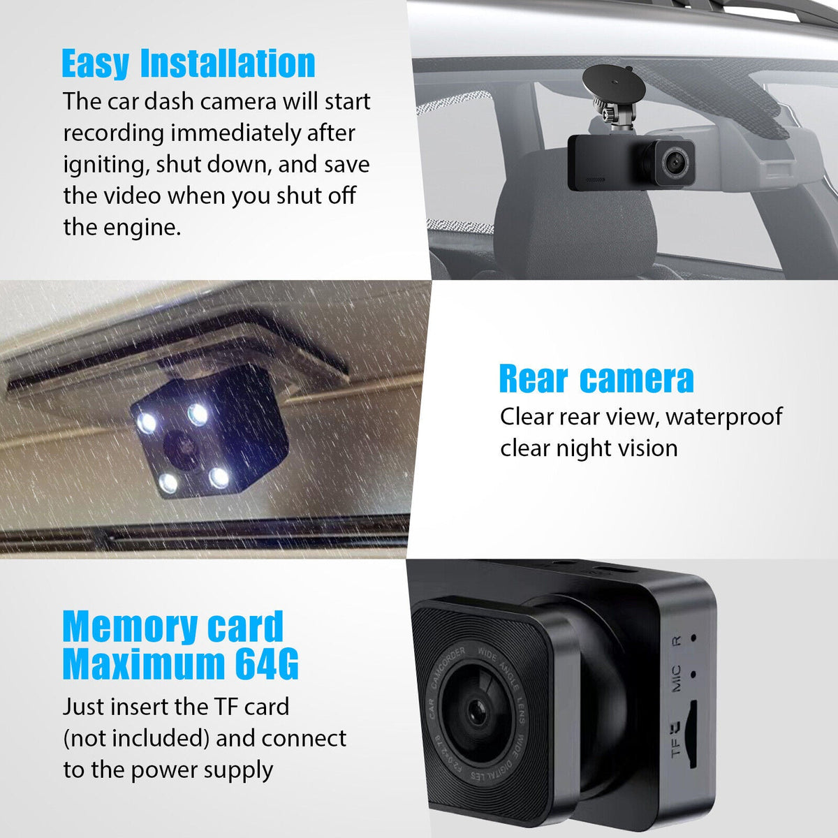 Rear Dash 3 Lens Video Camera Car 1080P Recorder Cam Inside Front G-Sensor DVR