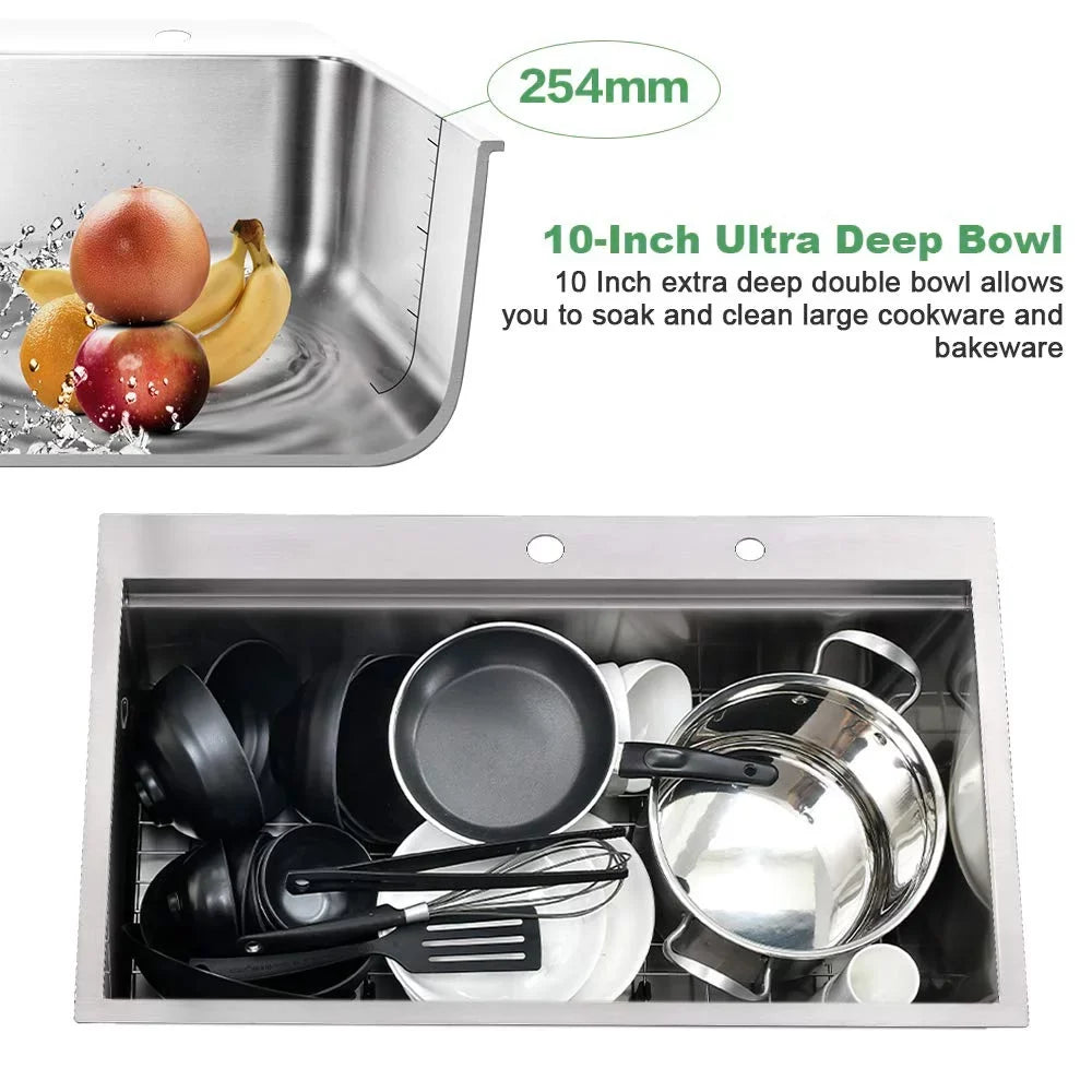 Kitchen Drop-In Stainless Holes Single Faucet PROOX 2 Steel Sink 30'' with Bowl