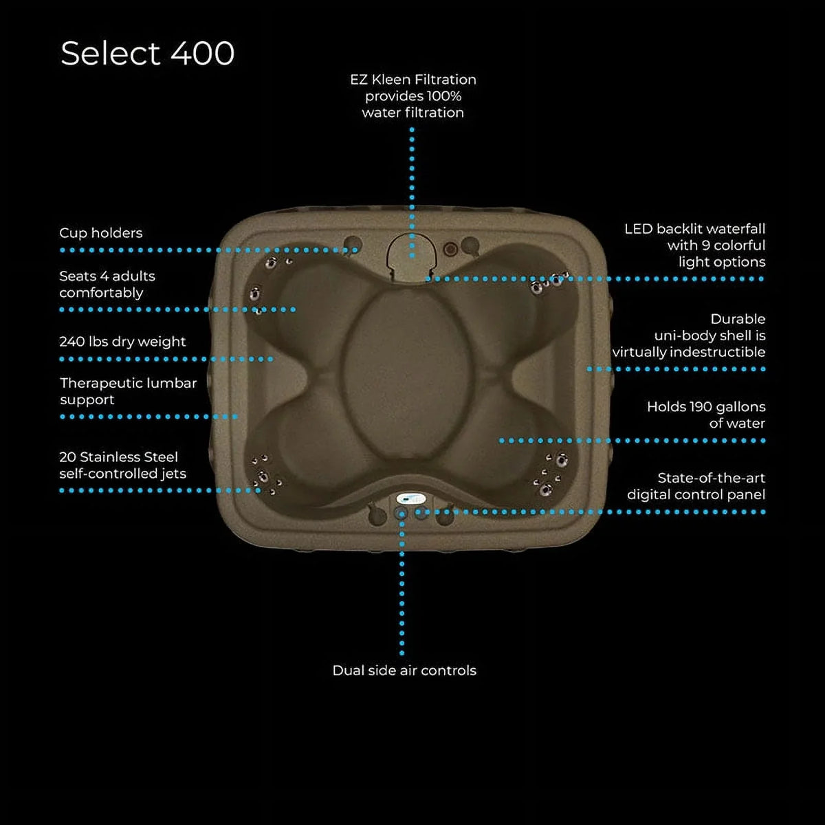 '- Aquarest waterfall and Jet- Person Jacuzzi® 20 Powered Tub Hot Brownstone AR-400 Spas Play 4- w/LED - Plug Select By