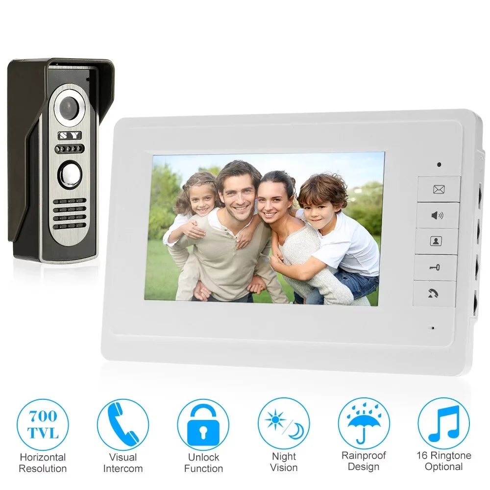 and Doorbell for Phone OWSOO 7” Visual Video System Wired Home View Rainproof Door Indoor Unlock Outdoor Infrared support with Monitor Night