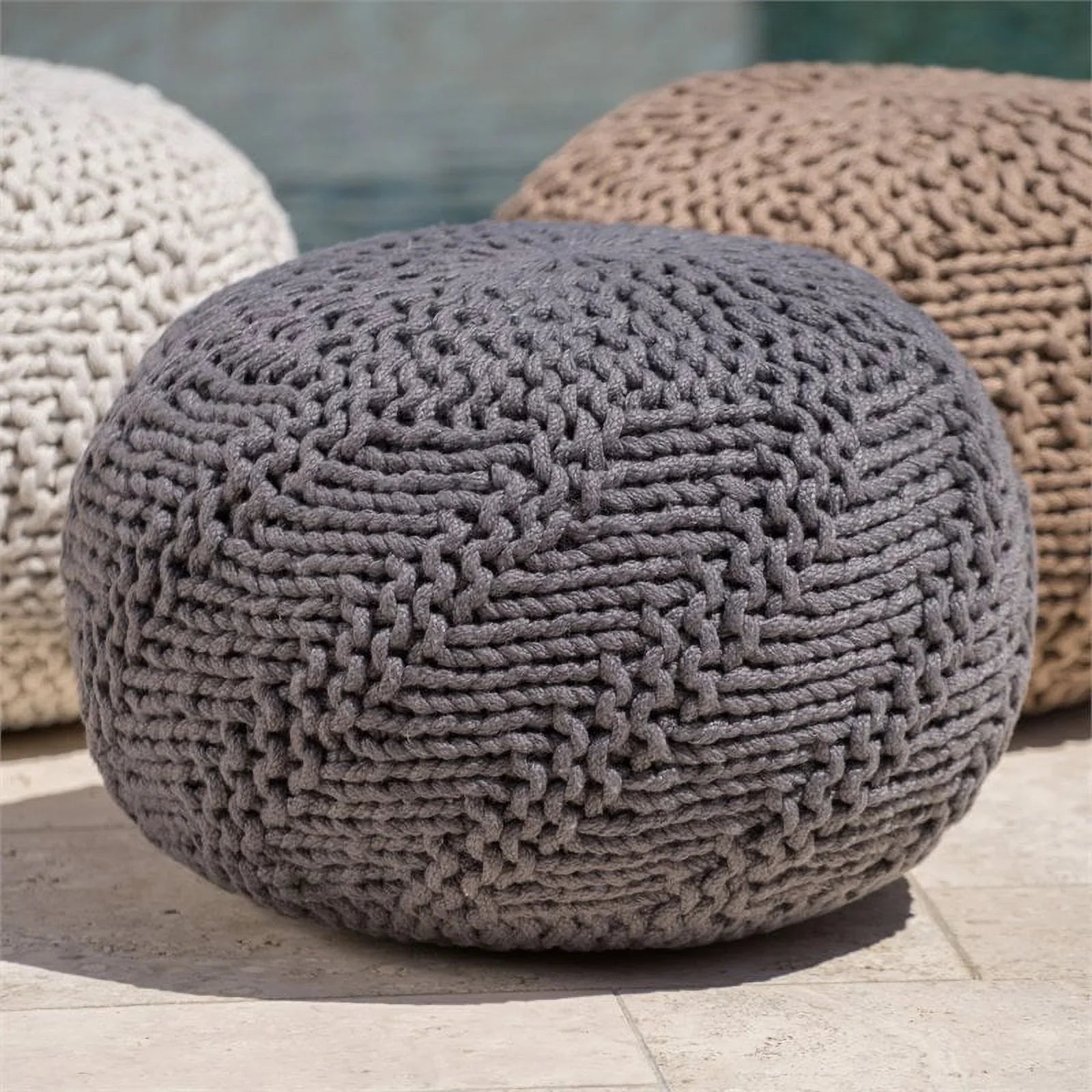 Noble Gray Fabric Outdoor in Pouf Aria Weave House Modern Handcrafted Dark