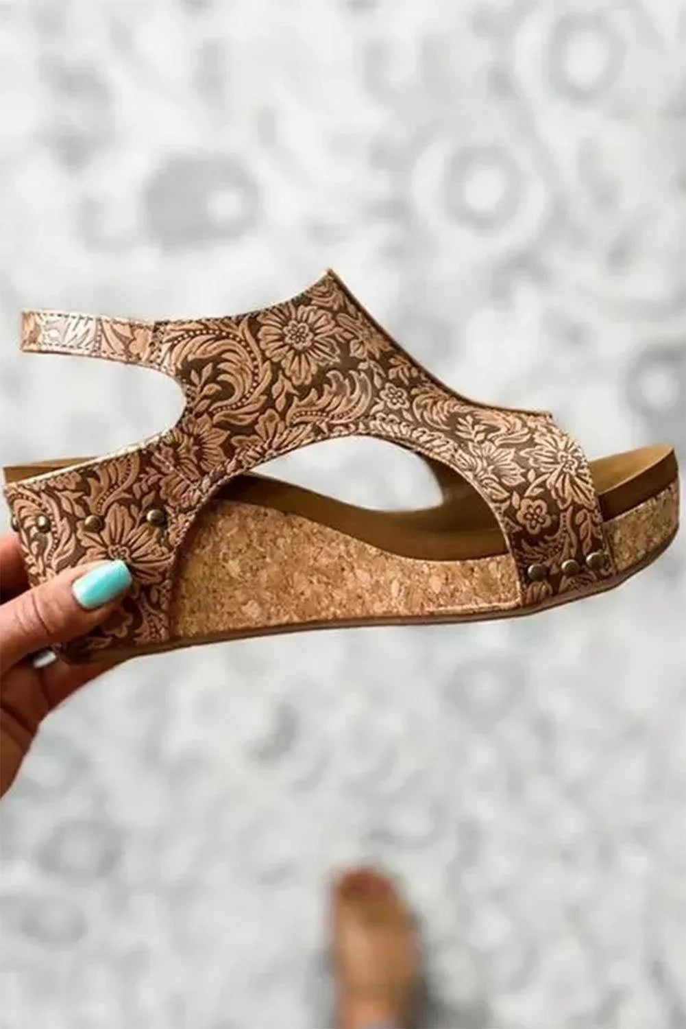 Rivet Brown Floral Vintage Hollowed Platform Sandals Leather