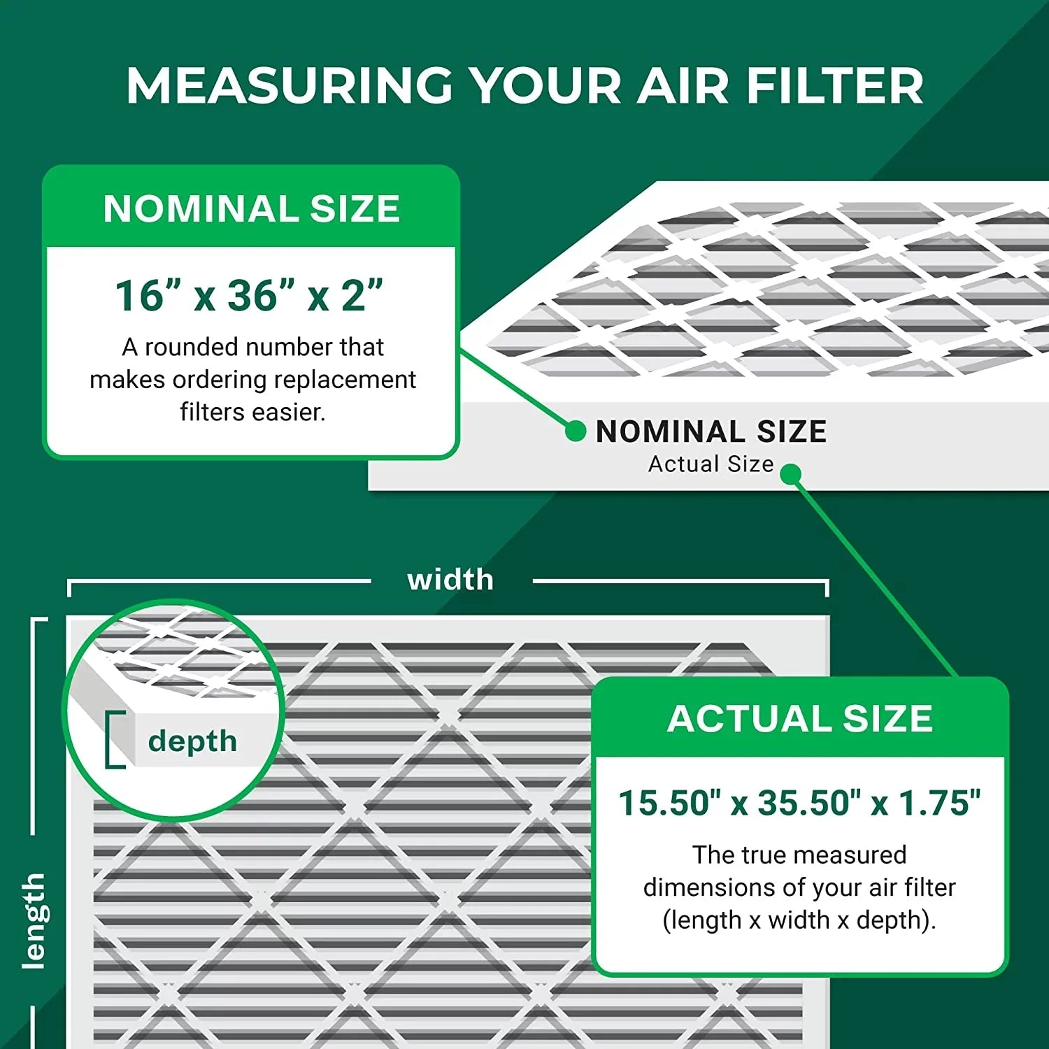 Pleated (6-Pack) 8 16x36x2 HVAC AC MERV Furnace oxygen Filters Filterbuy