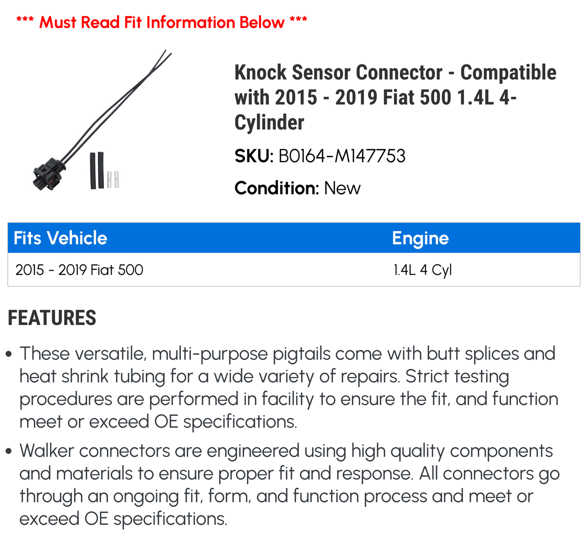 2019 Knock - 4-Cylinder Fiat 500 2016 2018 2015 Connector Compatible with Sensor 1.4L 2017 -