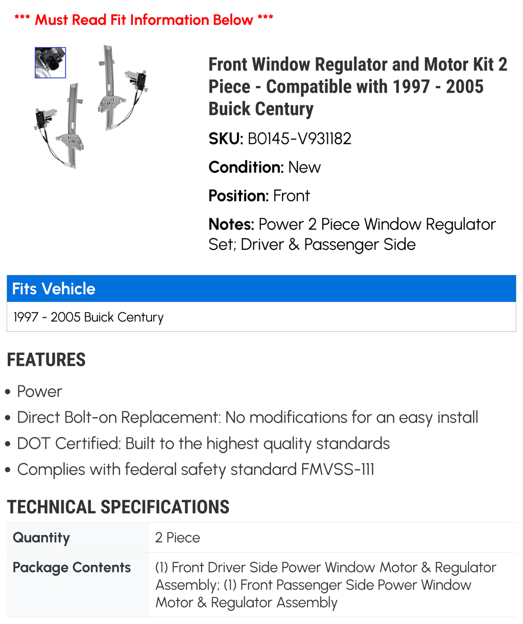 2 2002 Buick Window Kit with Regulator Front - 1999 Century 1998 and 2003 2001 2004 1997 - Piece Motor 2005 Compatible 2000