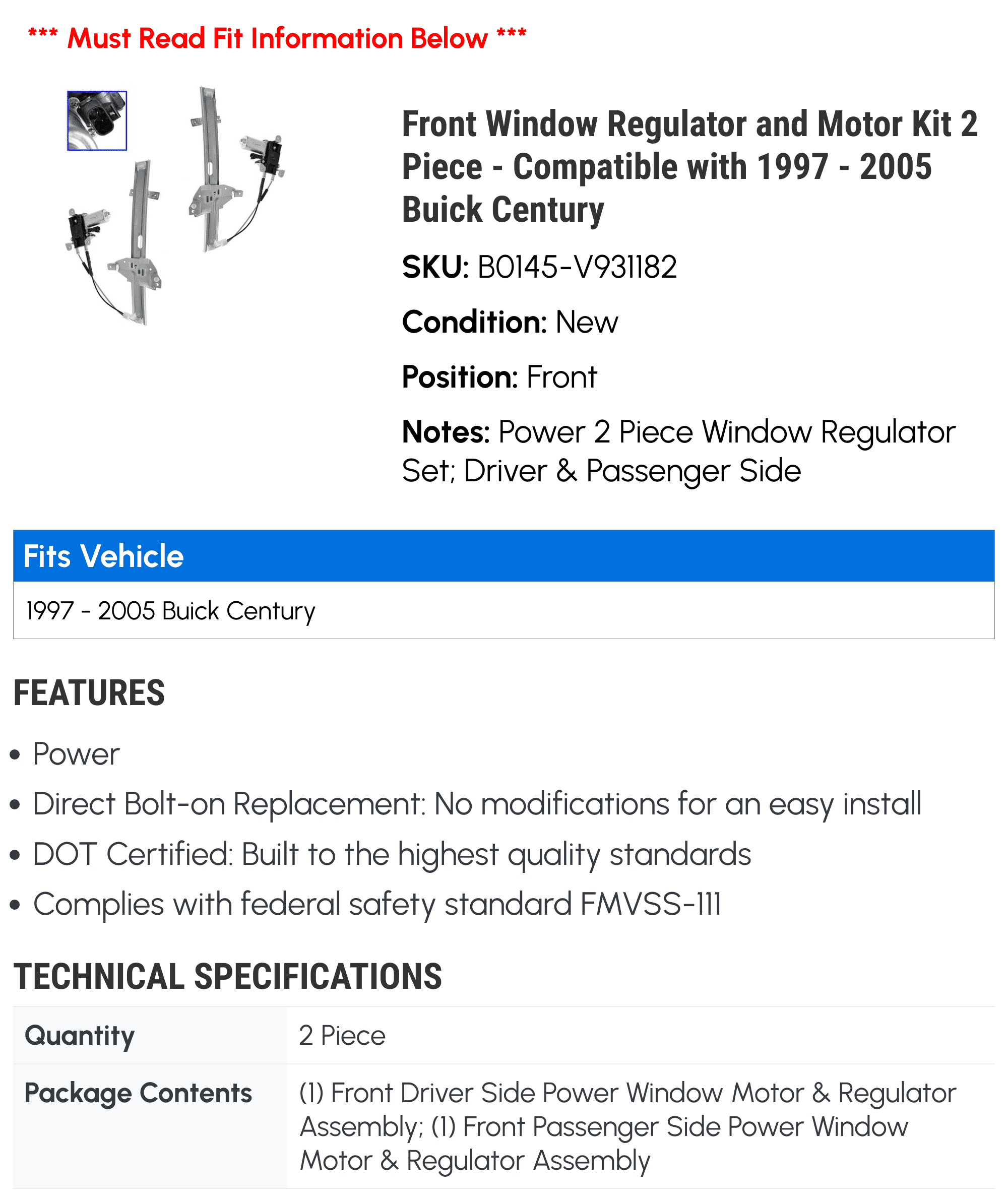 2 2002 Buick Window Kit with Regulator Front - 1999 Century 1998 and 2003 2001 2004 1997 - Piece Motor 2005 Compatible 2000