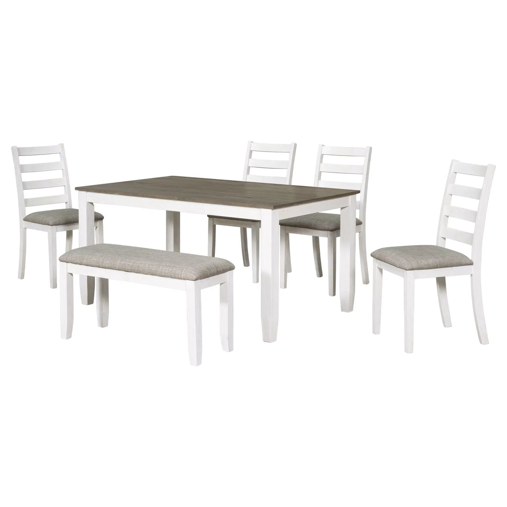 Set Table CoSoTower 4 Chairs A With Room 6-Piece Brown Whitewash Upholstered + & Bench, Dining Rustic Style