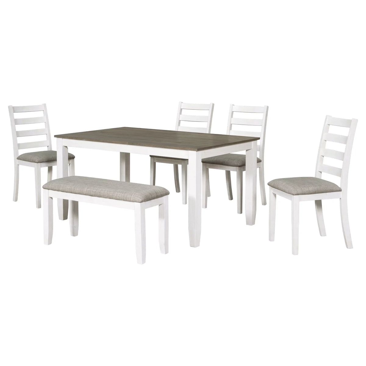 Set Table CoSoTower 4 Chairs A With Room 6-Piece Brown Whitewash Upholstered + & Bench, Dining Rustic Style