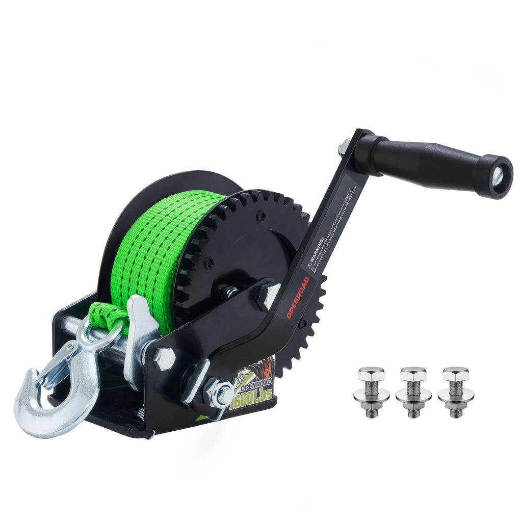 OPENROAD Duty Includes 4:1 Strap, Boat, Ratchet Truck, Trailer, Gear Hand Ski Screws with for Trailer 2-Way 26FT 1600LB Winch Jet Installation RV, Boat Ideal Winch - - - ATV & Green and Heavy