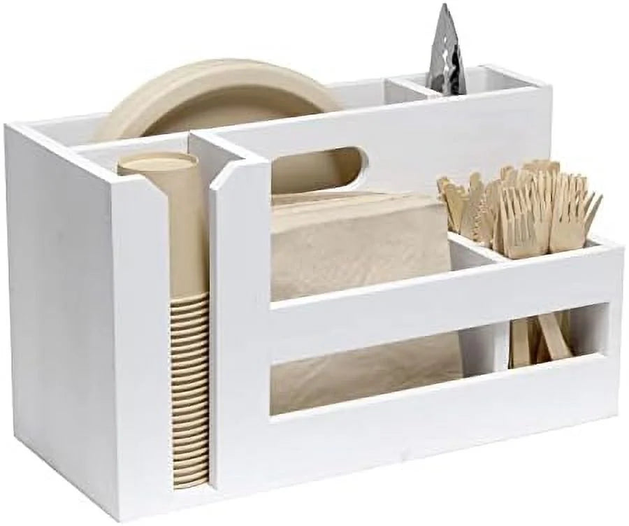 Condiment Flatware Compartments Picnic, Wooden Décor W Wht Farmhouse Handle Pantry Countertop Events Caddy Organizer Kitchen Utensils Breakfast & & Picks Wash BBQ For Cutout