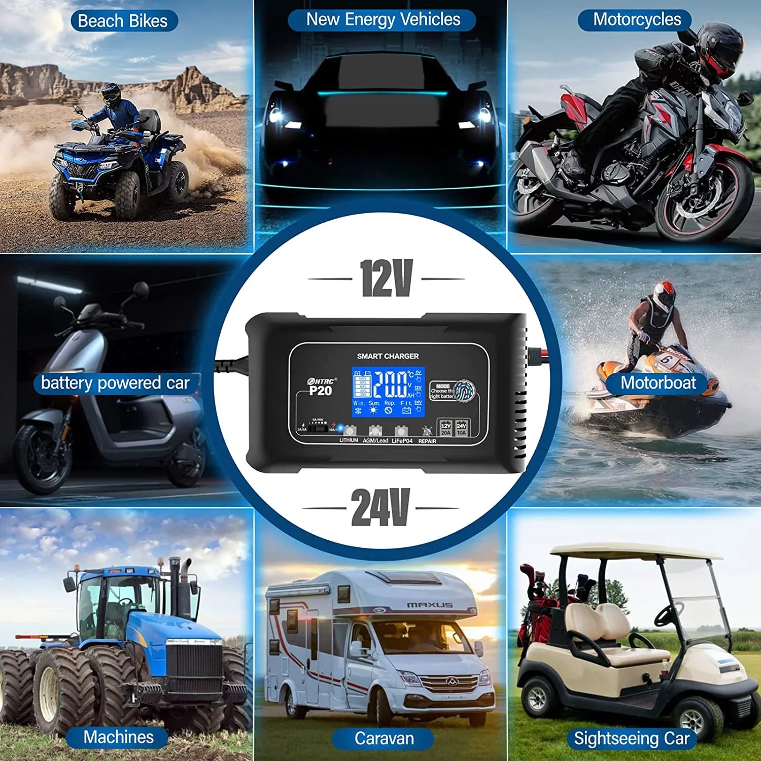 Cart.. and Charger,Maintainer/Deep 24V/10A Boat,Lawn Cycle Smart Charger,Lithium,LiFePO4,Lead-Acid,movable Battery Adjustable,for OIEXI Charger,12V/20A 20-Amp Battery Car Charger,Trickle Mower,Golf