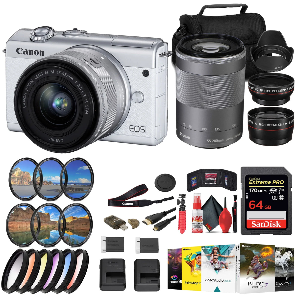 '+ and + Filter More Color Card M200 55-200mm (White) Mirrorless + Card Reader Kit 15-45mm with + + Kit Filter (3700C009) + 64GB EOS Battery Canon Charger + Lenses Camera LPE12