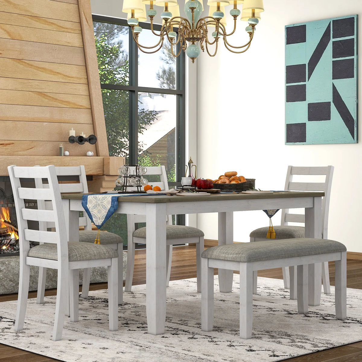 Set Table CoSoTower 4 Chairs A With Room 6-Piece Brown Whitewash Upholstered + & Bench, Dining Rustic Style