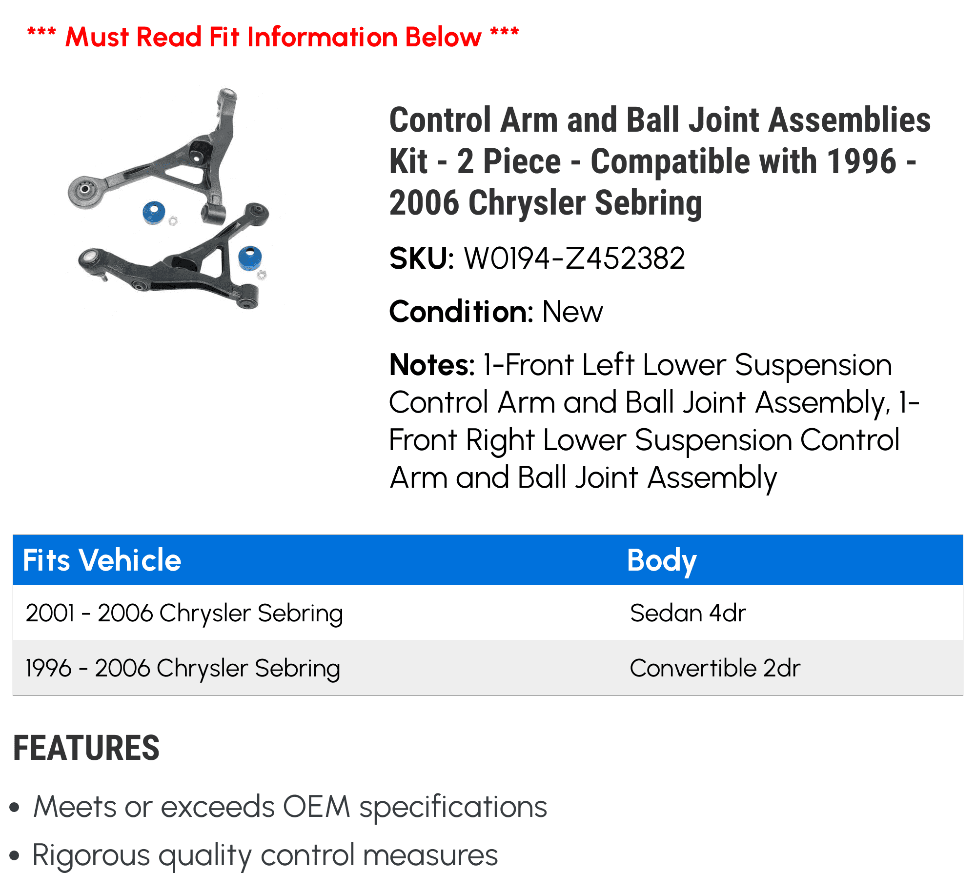 with - 2000 1996 2004 Sebring 1999 2005 Ball Arm Control Joint Assemblies 2002 2006 2003 1998 1997 - Piece and Chrysler 2 Kit - 2001 Compatible