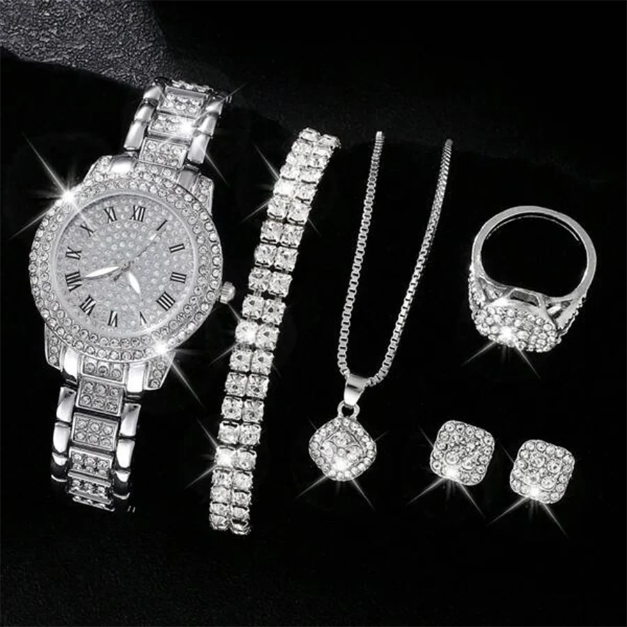 Hiphop Quartz Rhinestone Watch Jewelry Her Wrist 6pcs Fashion Watch Gift Luxury For & Set, Women Analog