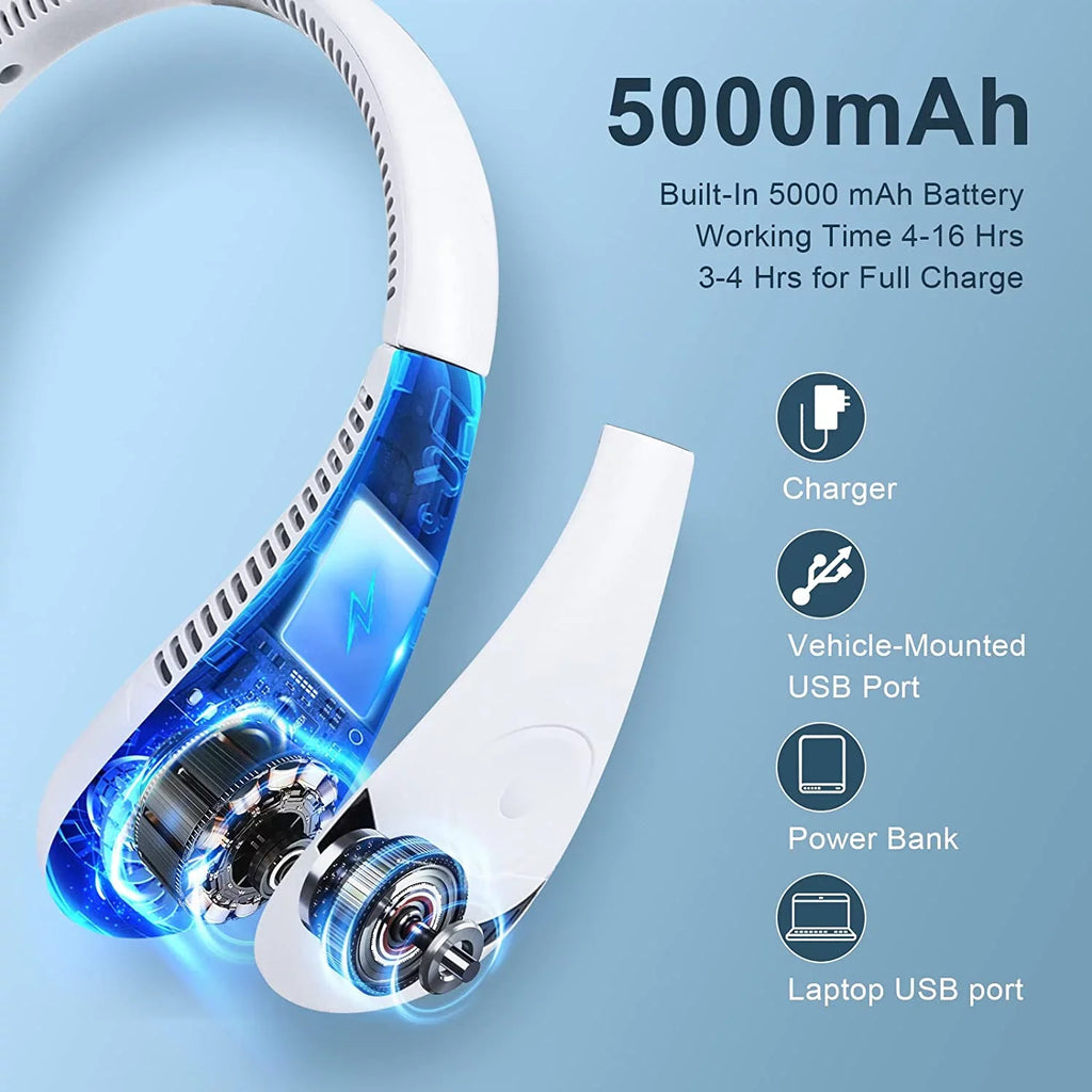 Fan Rechargeable Cooler transportable Degrees Fan (White) Fan Airflow Speeds, Travel Sport 5000 Neck Outdoor 360 for Perfect Personal Hands Free Fan Foldable mAh Morttic Fan, Bladeless 3 Wearable USB