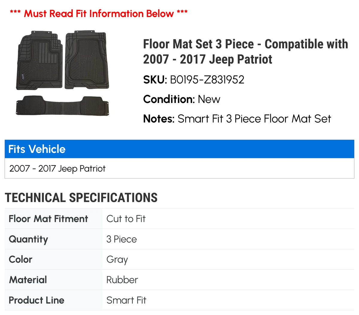 2012 Piece - 2013 2009 3 with Jeep Mat Patriot Set 2017 2007 2015 2011 2014 2010 2016 Floor Compatible 2008 -