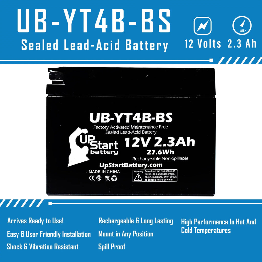 Factory SR400 2010 Yamaha Activated, (FI) Battery 4-Pack for Battery Replacement UB-YT4B-BS Free, 12V, 400CC - UpStart Motorcycle 2.3Ah, Maintenance