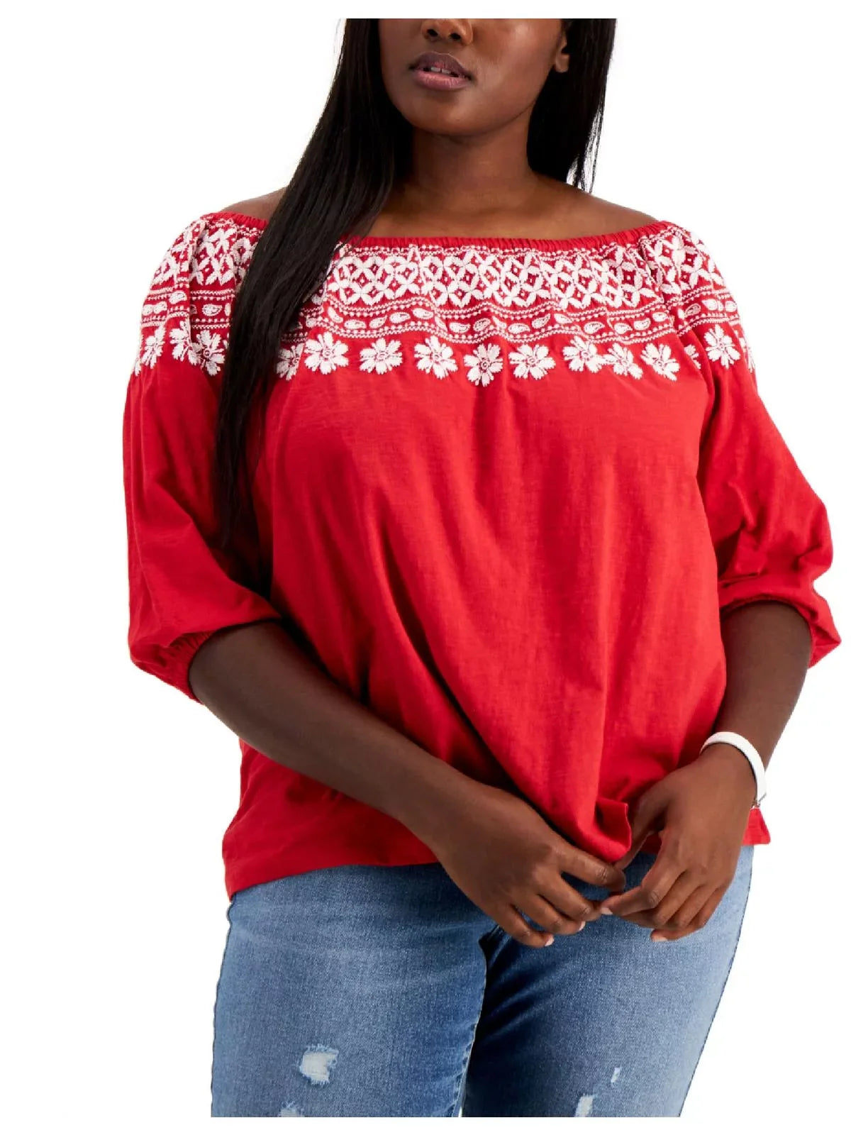 3X The Size Red Top Embroidered Shoulder Women's Tommy Off Hilfiger