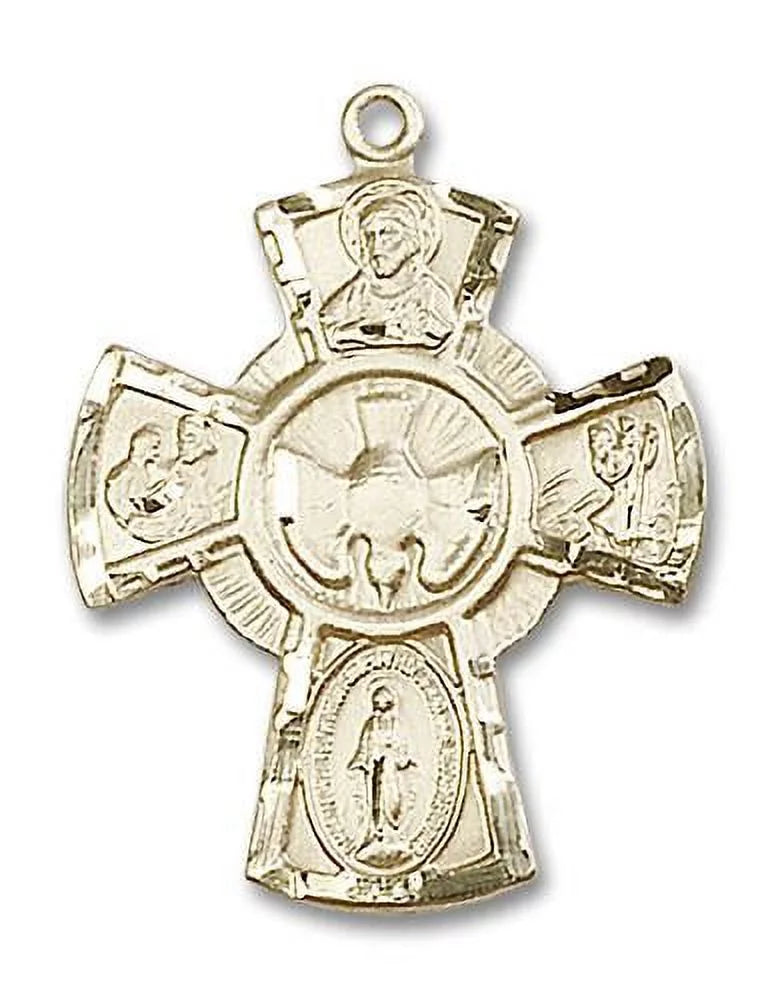 Medal, with 5-Way Christopher in Heart, Gold and Large St. 14kt Miraculous Made Catholic Traditional Filled Extel Cruciform Cross Joseph, Sacred USA St. Medal