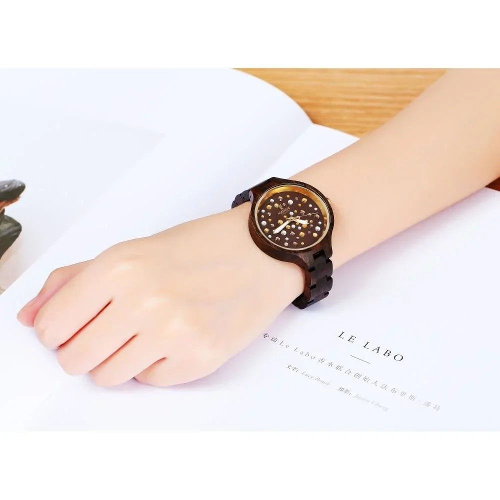Crystals, Ronda Salwood Movement, with MTJW13040 Watch Swiss Resistant 1ATM Brown Bezel, Water Casual, Gold Business Womens
