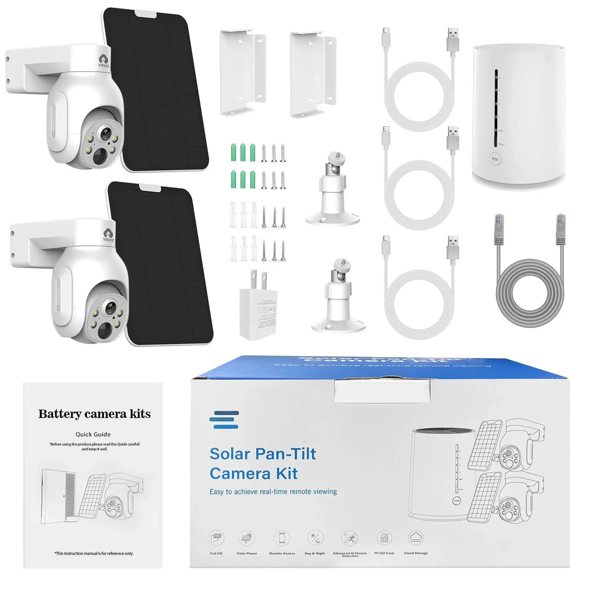 Vision,Motion Kit VIKVIZ Camera Panels,4CH CCTV 4MP Rechargeable System Technology,Night IP Solar Battery with WiFi 2Pcs Base Station,Wireless Detection PTZ