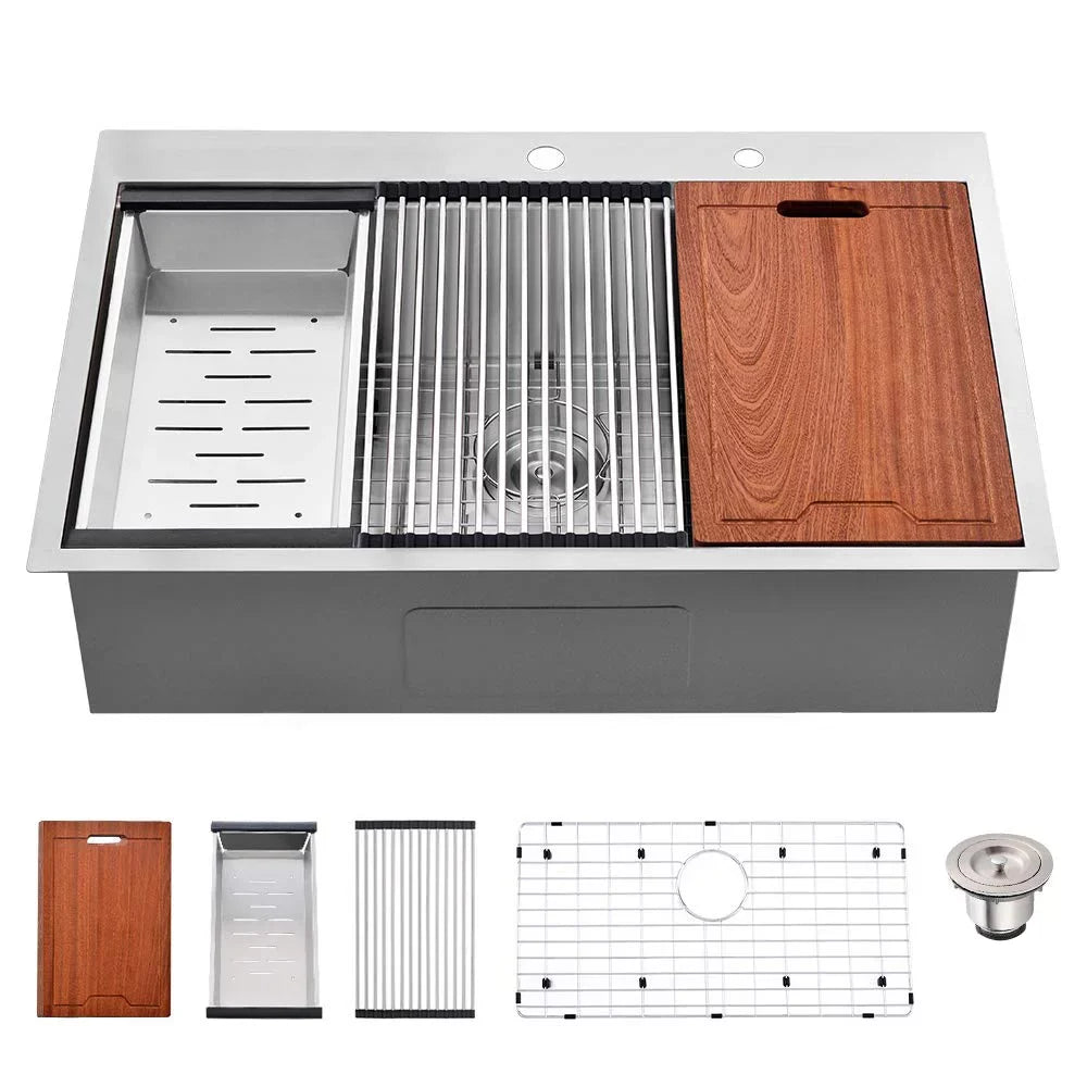Kitchen Drop-In Stainless Holes Single Faucet PROOX 2 Steel Sink 30'' with Bowl