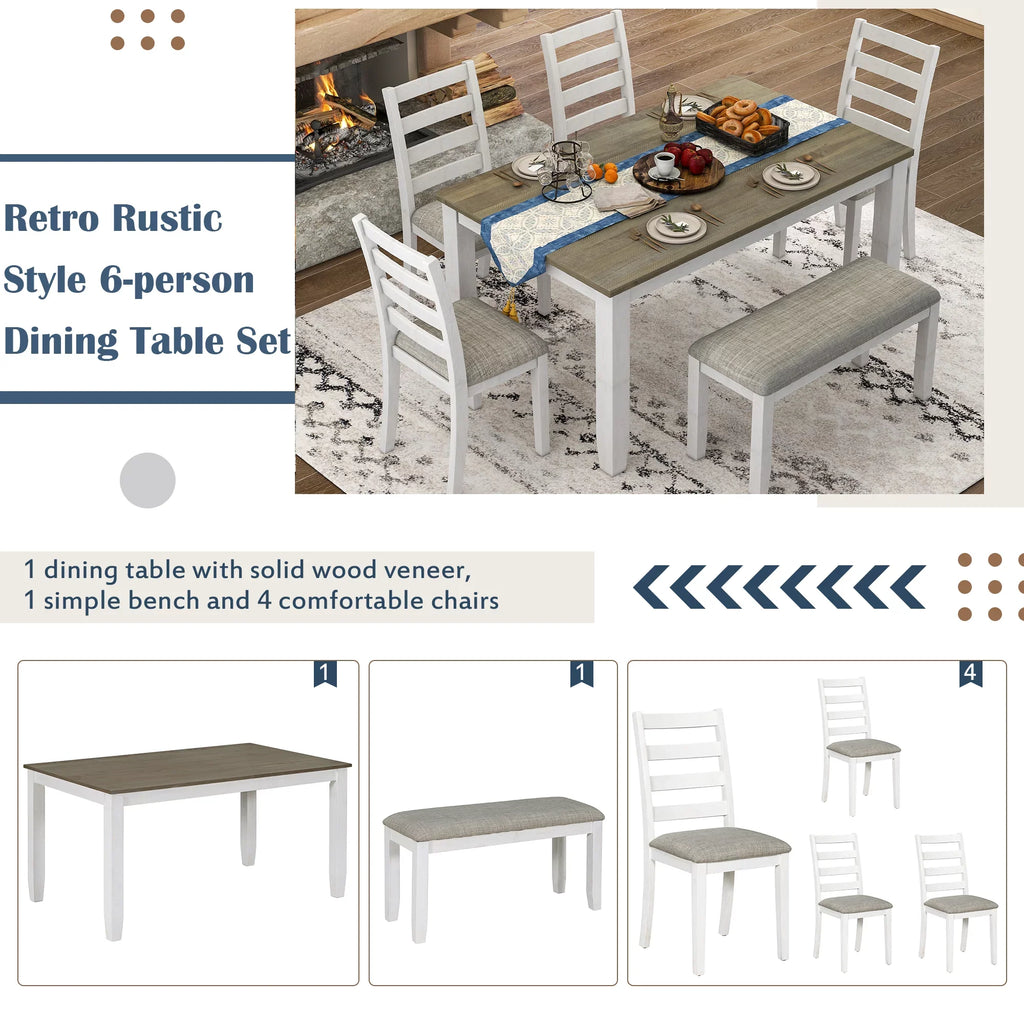 Set Table CoSoTower 4 Chairs A With Room 6-Piece Brown Whitewash Upholstered + & Bench, Dining Rustic Style