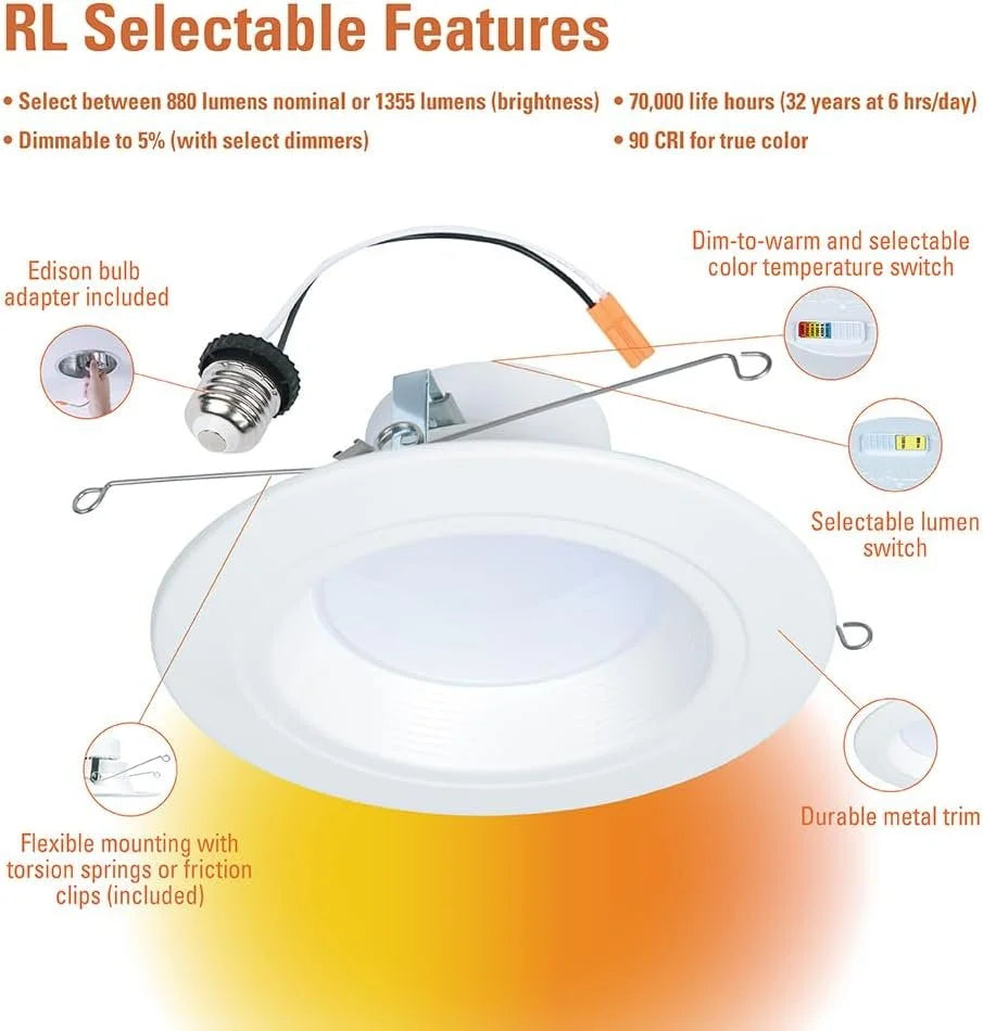 Recessed Downlight, & and Selectable Ceiling Shower inch Series Retrofit Matte White Lumens, HALO 900/1200 Warm, to CCT Light Trim, LED Baffle Retrofit Dim RL Lumens Selectable 5/6