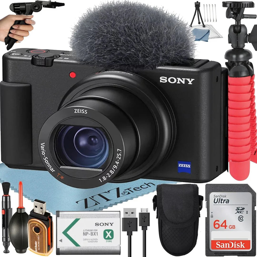 '+ Card Vlogging Tripod SanDisk + Camera Memory Accessory Sony ZV-1F with ZeeTech (Black) 64GB Bundle