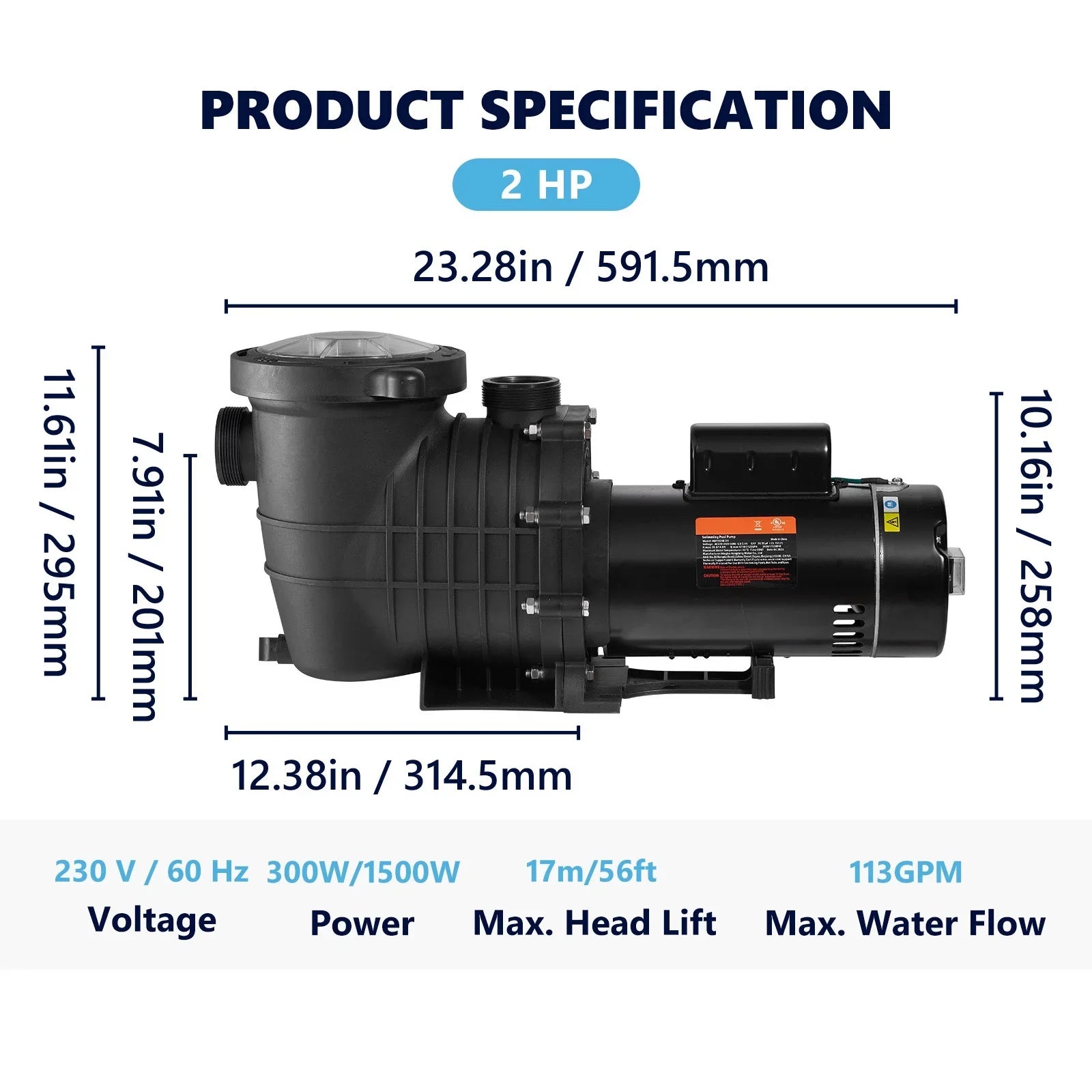Pump, ETL Pool Swimming in/Above Certification Security HP 2 Flow, V, Max. Speed Basket, 1500 Double 5520 for W Strainer Pool of Ground SKYSHALO GPH Pump for 230 w/